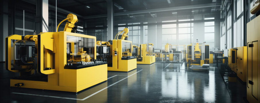 A cutting edge DX age production factory. Online, automated and ultra clean. Yellow machines. DX industry 4.0 concept. generative AI based.
