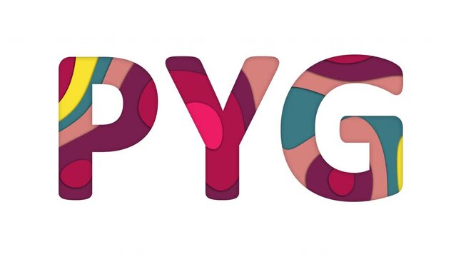 Multi-colored inscription ISO code currency PYG with colored spots floating inside. Looped from frame 120 to 839, Alpha BW at the end