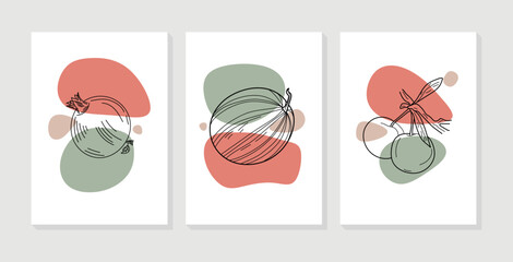 Abstract fruits wall art vector collection. Set of health fruits with organic shapes for print, wallpaper, interior, poster, cover, banner. Vector illustration