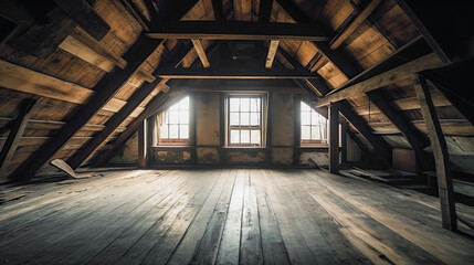 Fototapeta na wymiar Rustic attic room, empty wooden interior with copy space. Indoor background. AI generative image.