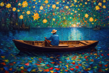 an oil painting of a starry night with a man in an open boat, generative AI