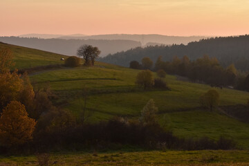 Rural idyllic landscape in Poland (Beskid Niski). - obrazy, fototapety, plakaty