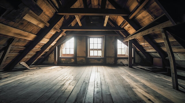 Rustic attic room, empty wooden interior with copy space. Indoor background. AI generative image.