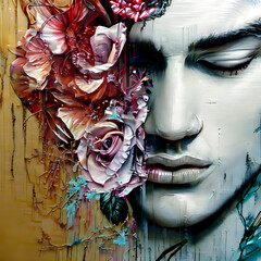 Portrait einers, jungen Mannes mit 3D Tatoo und Blumen - Haaren in Perfektion - ai generative Art - nicht existierende Person