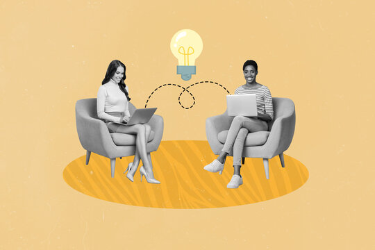Creative collage picture of two black white effect people sit armchair use netbook communicate light bulb connection isolated on beige background