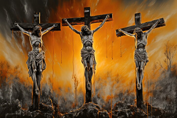 Three crosses on Calvary oil painting symbolic of the crucifixion of Jesus Christ created with Generative AI - obrazy, fototapety, plakaty
