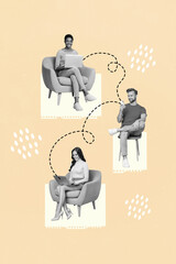 Vertical collage image of mini black white gamma people sit chair use netbook smart phone...