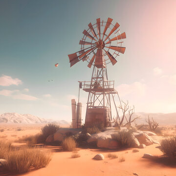 A Windmill in the Midwestern Prairie, landscapes created with Generative AI technology.