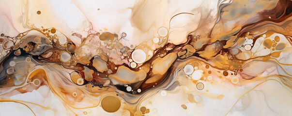 Cafe background.  Flow of complex taste and aroma of  coffee expressed in alcohol ink painting style. generative AI.