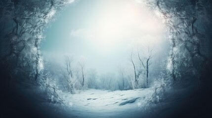 Beautiful picturesque winter background with snow covered round arch made of frozen branches. Large copy space in the middle. Greeting card template. AI generative image.