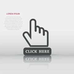 Vector click here icon in flat style. Hand cursor sign illustration pictogram. Pointer business concept.