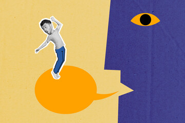 Collage artwork graphics picture of funny impressed guy walking big statue head empty space isolated painting background