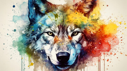 illustration of watercolor wolf, abstract color background, generative ai.