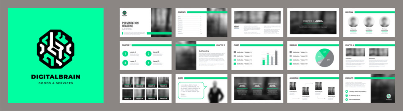 Green presentation template. Corporate branding slides presentation.