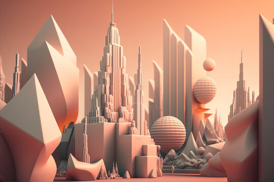 a future city compose of geometic shapes to create new york landscape with effiel tower on a pastel color sky, generative Ai