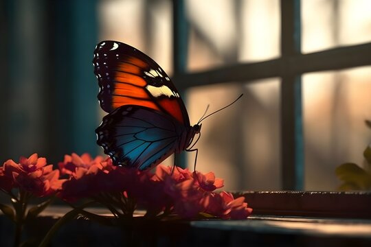 Colorful butterfly on red flowers by the window