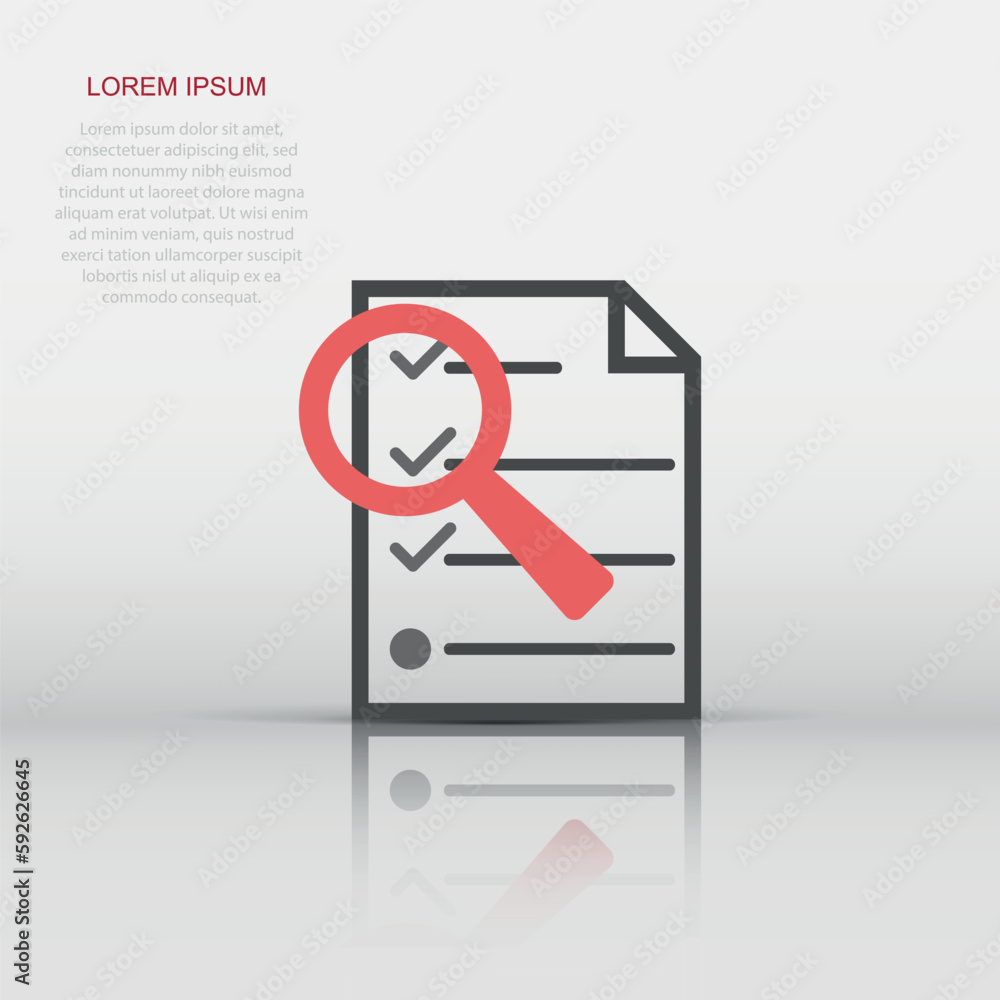 Poster document icon in flat style. document files zoom illustration pictogram. loupe with checklist sign b