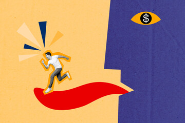 Collage picture of mini black white gamma guy running away big money eye monster tongue isolated on...
