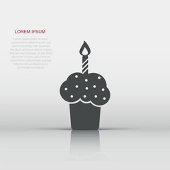 Birthday cake icon in flat style. Fresh pie muffin sign illustration pictogram. Cupcake business concept.