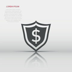 Vector shield with money icon in flat style. Shield sign illustration pictogram. Dollar business concept.