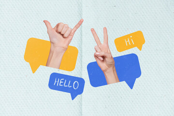 magazine banner collage of two people have conversation start greeting with shaka v sign © deagreez