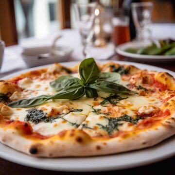 Caprese pizza with mozzarella, tomatoes and basil. Generative AI.