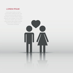 Vector man and woman with heart icon in flat style. People sign illustration pictogram. Relations business concept.