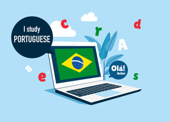 Online education. Language school online Portuguese course. Study foreign languages with native speaker. Vector illustration.