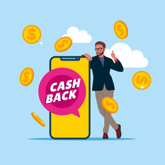 Businessman standing near smartphone with cash back offer. Modern vector illustration in flat style