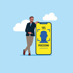 Biometric facial scan in smartphone, businessman standing near. Face recognition. Modern vector illustration in flat style