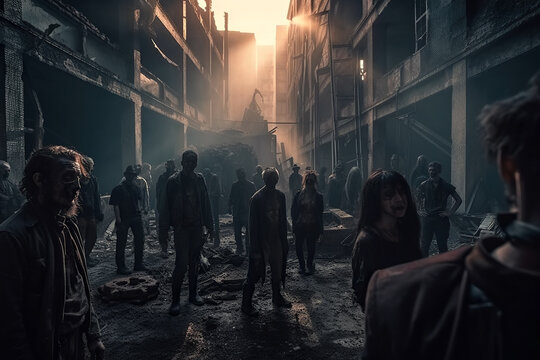 crowd of walking dead zombies in post-apocalyptic city at night. Generative AI illustration