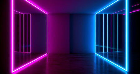 Neon and blue neon beams in the dark room. Illustration AI Generative.