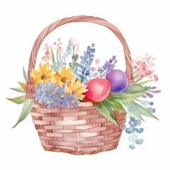 Watercolor summer flowers in basket. Illustration AI Generative.