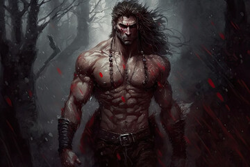 Fototapeta na wymiar werewolf man in blood in forest. Generative AI illustration