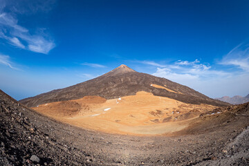 Aerial view above mount Teide from the Pico Viejo crater at the Volcano of Tenerife in the Canary Islands