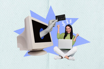 Poster picture template collage of excited young woman using netbook technology ordering receive...