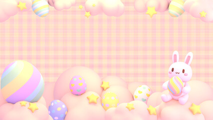 3d rendered cute bunny and eggs on the clouds.