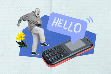Banner template collage of senior person press button on vintage mobile phone start conversation with friends