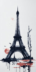 Asian style painting of Eiffel Tower in Paris city. Concept. AI generated illustration