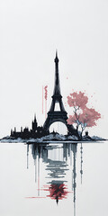 Asian style painting of Eiffel Tower in Paris city. Concept. AI generated illustration