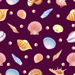 Seamless vector pattern with illustrations of shells and pearls