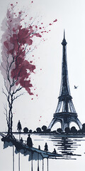 Asian style painting of Eiffel Tower in Paris city. Concept. AI generated illustration