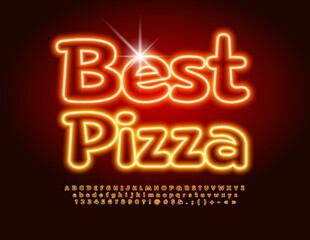 Vector neon poster Favorite Pizza. Bright Glowing Font. Modern Alphabet Letters and Numbers. 