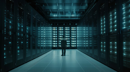IT Specialist is Standing in Data Center Next to Server Racks. Running Diagnostics. AI generated