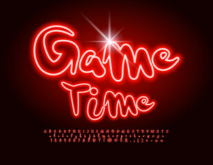 Vector neon Sign Game Time. Bright glowing Font. Playful style  Alphabet Letters and Numbers set