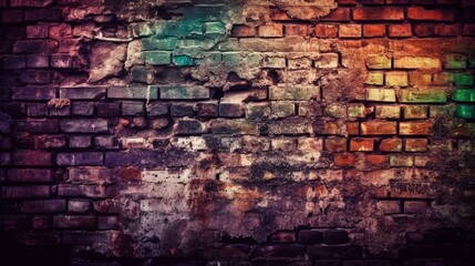 Magenta purple red brown green old brick wall. Toned colorful grunge background. Space. Design. Cracked, broken, crumbled. Color gradient. Horror, spooky, creepy, scary, frightening.