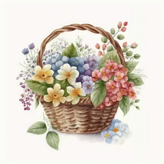 Fototapeta na wymiar Watercolor summer flowers in basket. Illustration AI Generative.
