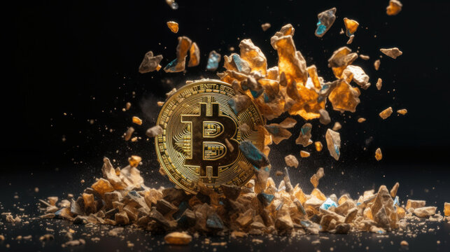Close up of crashing bitcoin sign on a dark background.Al generated