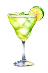Watercolor illustration of a mojito cocktail isolated on white background. Digital art of an alcoholic drink made up of gin and lime juice in a cocktail glass. Generative AI.