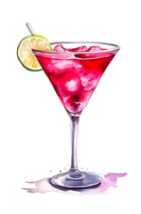 Watercolor illustration of a cosmopolitan cocktail isolated on white background. Digital art of a red alcoholic drink in a transparent cocktail glass. Generative AI.
